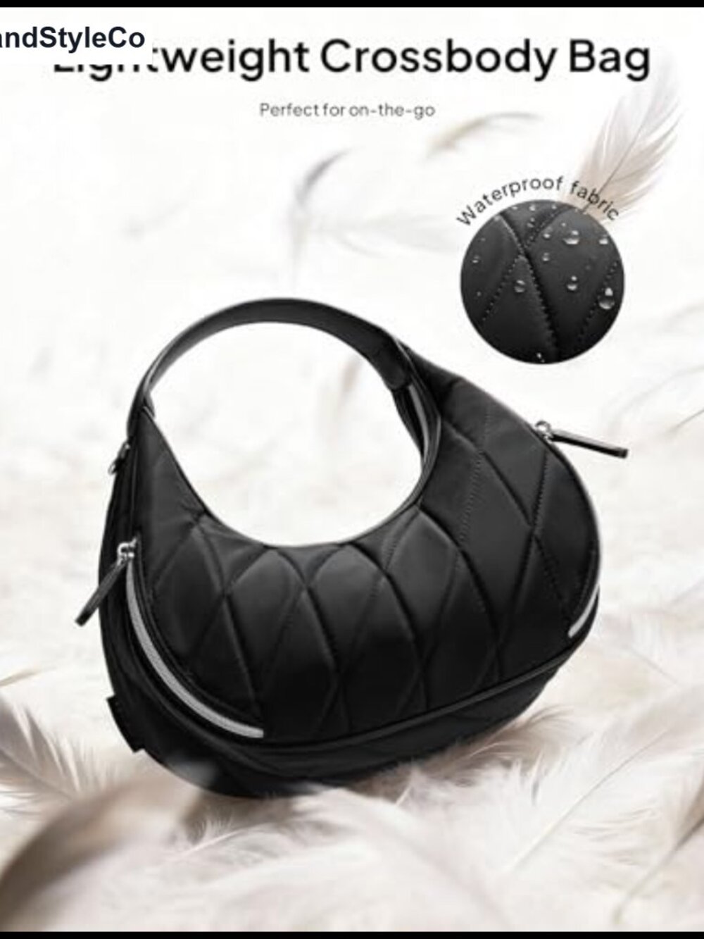 Quilted Crescent Shoulder Bag Waterproof Nylon Crossbody Hobo Purse - Picture 6 of 6